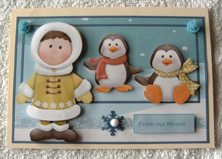 Eskimo Boy and Peguin Friends Card by Margaret Scott