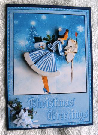 Retro Lady Christmas Post Card Front and Decoupage by Margaret Scott