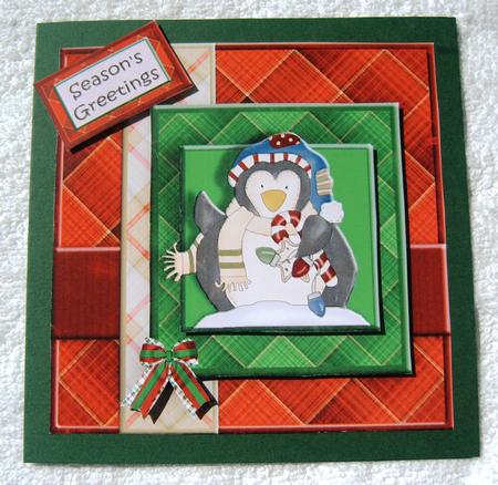 Penguin Red and Green Plaid Square Topper by Margaret Scott