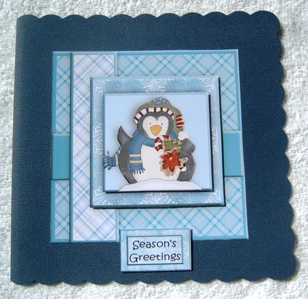 Blue Plaid Penquin Square Card Topper by Margaret Scott