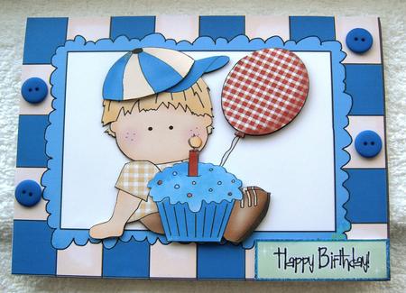 Birthday Boy with His Cake and Balloon in Blue Frame by Margaret Scott