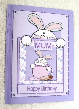 Happy Birthday Mum - Bunny in a Teacup - Purple by Margaret Scott