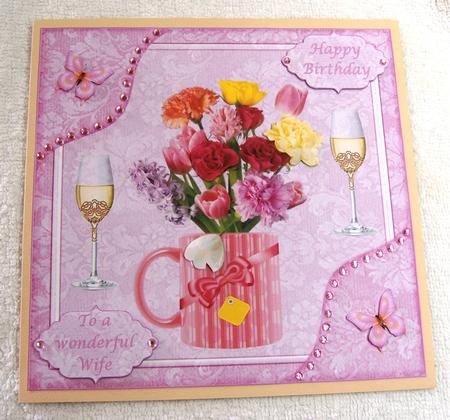 8x8ins Pink Flowers Wife Birthday Decoupage Card Front by Margaret Scott
