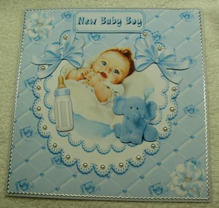 Clasping Hands, Baby Boy with Ele on Lace Bib 8x8 by Margaret Scott