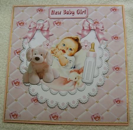 Clasping Hands, Baby Girl with Puppy on Lace Bib 8x8 by Margaret Scott