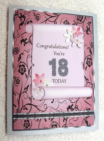 Pink Scroll Birthday Card Front - 18th by Margaret Scott
