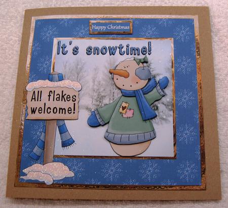 Snowtime 7x7 Card with Decoupage and Sentiment Tags by Margaret Scott