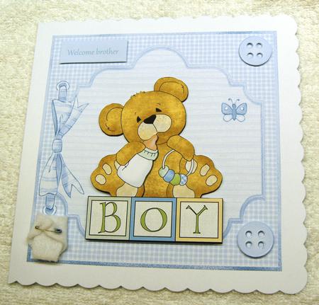 Baby Boy Teddybear 7x7 Card with Decoupage by Margaret Scott