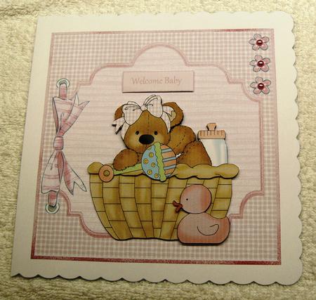 Baby Girl Bear 7x7 Card with Decoupage by Margaret Scott