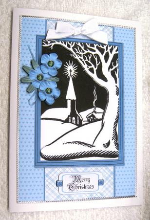 Retro Christmas Village Scene Card Front by Margaret Scott