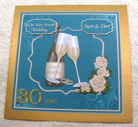 Pearl Wedding Card with Champagne Glasses & Ivory Roses by Margaret Scott