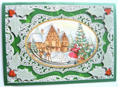 Santa Decorating Tree A5 Lace Card Front Step by Step by Margaret Scott