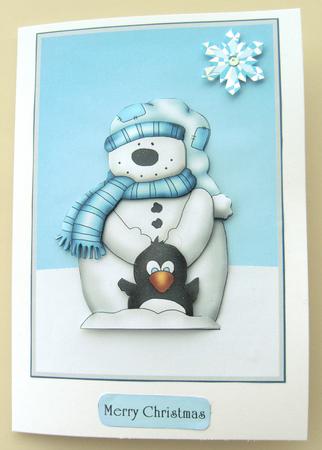 Penguin and Snowman Card Front by Margaret Scott