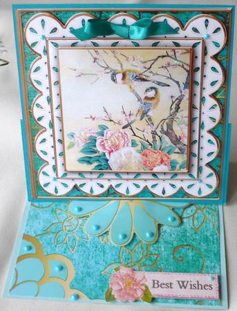 Oriental Birds Anglaise Scallop Square 3D Card Kit by Margaret Skinner