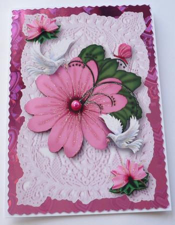 Pink Flowers on Vintage Lace with Doves by Margaret Skinner