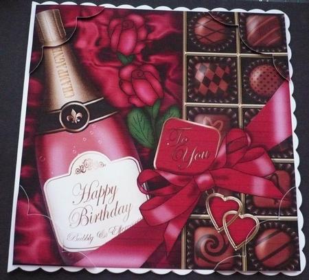 8 x 8 Birthday Champers Chocs N Roses Scalloped Topper by Margaret Skinner