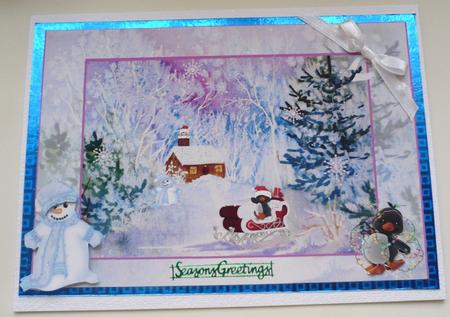Cabin in Snow with Penguin Santa Step by Step Decoupage Card by Margaret Skinner