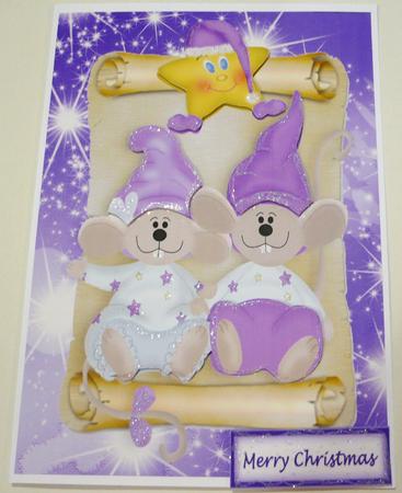 Cute Little Christmas Mice in Purple on a Scroll by Margaret Skinner