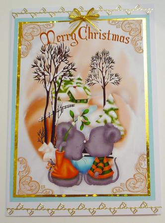 A Kiss Under the Mistletoe Cute Mice in Snow Scene A4 by Margaret Skinner