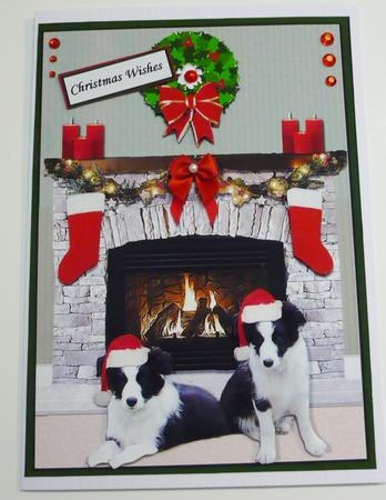 Border Collie Puppies Christmas Fire Place Scene by Margaret Skinner