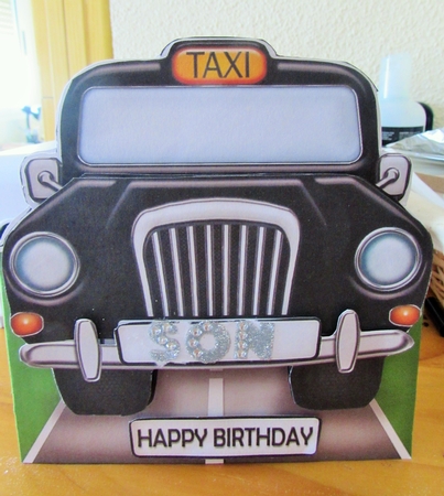 3D Black Taxi Shaped Card with Decoupage by Margaret Swaby