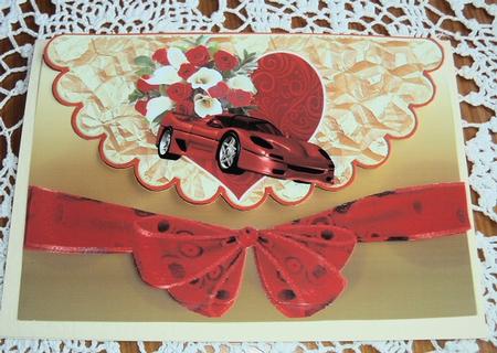 Big Red Heart, Roses and Red Car, Scalloped Envelope by Margaret Swaby