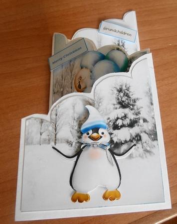 Penguin Fun Cascade Panel Card with Decoupage by Margaret Swaby