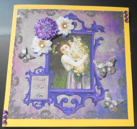 Vintage Lady in Frame 8x8 Decoupage Card 9 - Purple & Green by Margaret Swaby