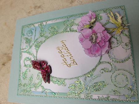 Anemone and Butterfly, Decoupage Card Front by Margaret Swaby