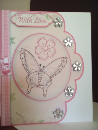Butterfly Stitchery Scallop Edge Card Front by Margaret Swann