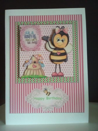 Pink Happy Birthday Bee Card Front by Margaret Swann