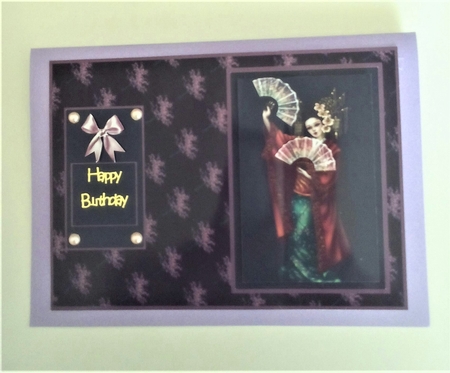 A5 geisha card front with black background. by Margaret Swann
