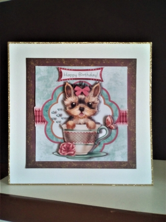 Cute Yorkshire terrier in teacup with birthday greetings card topper for 6 x 6 card by Margaret Swann