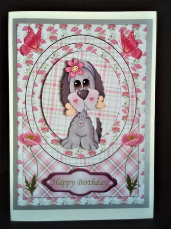 cute pink poppy puppy card front 2 by Margaret Swann
