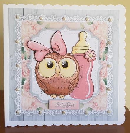 Beautiful Pink Owl With Bottle  8x8 by Margaret Swann