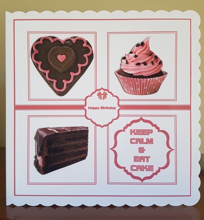 8 x 8 pink and white cake card front. by Margaret Swann