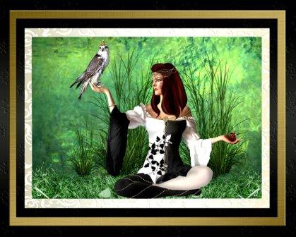 Peregrine Falcon Bird & Lady Falconer Fantasy A4 Card Front by Margaret Tobin