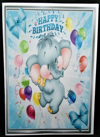 Cute little ele with balloons and corner blue bows 8x8 by Margarette Blakeborough