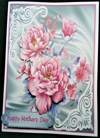 Pretty satin and ornate corners in silver card front with pink peonies 8x8 by Margarette Blakeborough