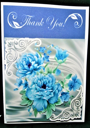 Pretty satin and ornate corners in silver card front with blue peonies 8x8 by Margarette Blakeborough