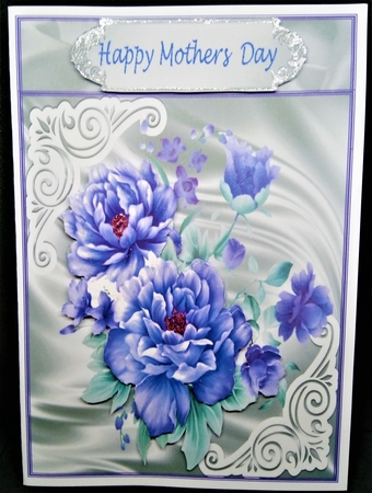 Pretty satin and ornate corners in silver card front with purple peonies 8x8 by Margarette Blakeborough