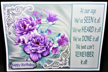 Pretty satin and ornate corners in silver card front with lilac peonies 8x8 by Margarette Blakeborough