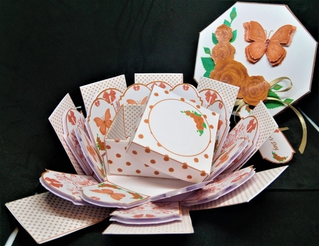 Red rose and butterfly octagonal exploding box card with matching gift box by Margarette Blakeborough