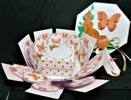 Red rose and butterfly octagonal exploding box card with matching gift box by Margarette Blakeborough