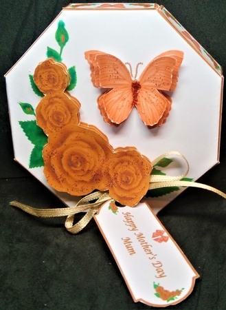 Red rose and butterfly octagonal exploding box card with matching gift box by Margarette Blakeborough