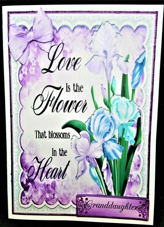 Pretty flowers iris with lilac bow and lace 8x8 by Margarette Blakeborough