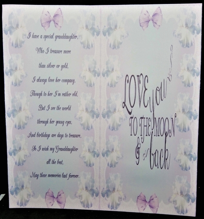 Pretty flowers iris with lilac bow and lace 8x8 by Margarette Blakeborough