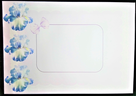 Pretty flowers iris with lilac bow and lace 8x8 by Margarette Blakeborough