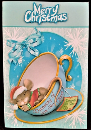 Cute sleepy mouse in a christmas teacup with bow and snowflakes 8x8 by Margarette Blakeborough