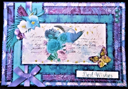 A5 Card Front Vintage Bird Ephemera with Topper and Sentiments Lilac/Turquoise by Margarette Blakeborough